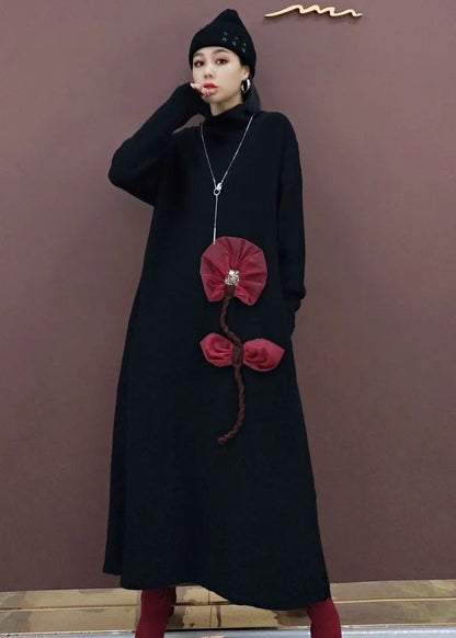 Black Turtle Neck Knit Knit Sweater Dress Spring