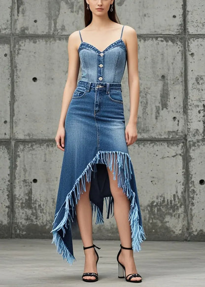 Blue Tasseled Asymmetrical Design Denim Skirt Fall