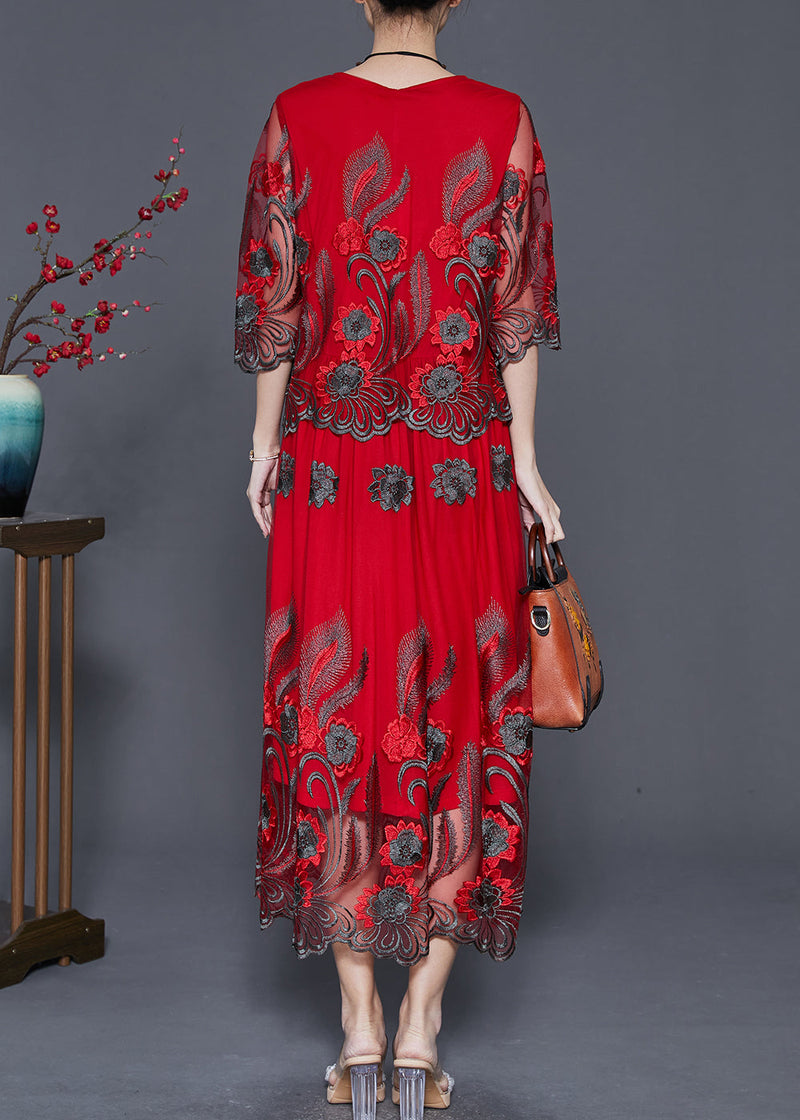 Diy Red Embroidered Tulle Vacation Dresses Summer
