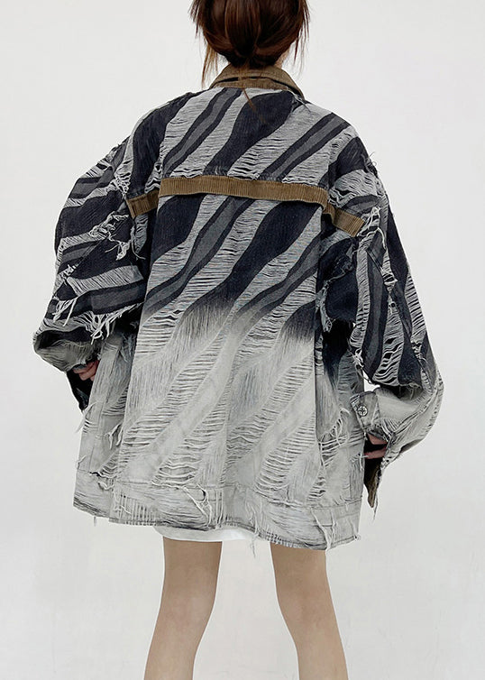 Striped Button Hole Patchwork Style Denim Coats Fall