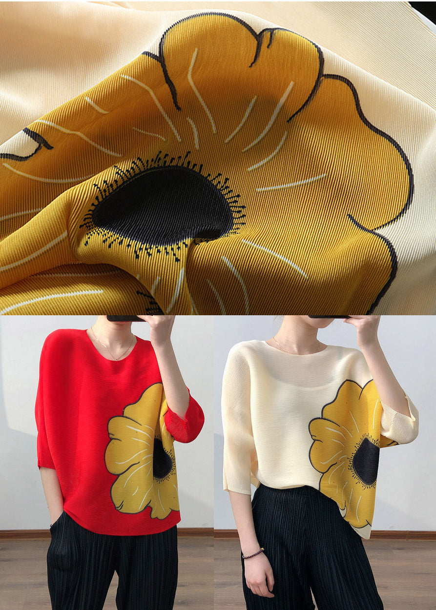 Red O-neck Print Wrinkled Tops Half Sleeve