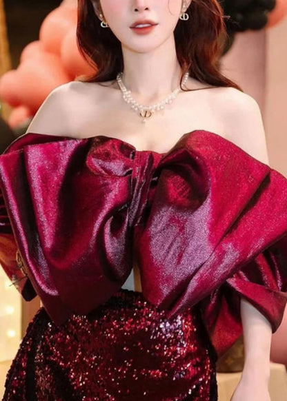 Red Cold Shoulder Bow Silk Two Pieces Set Sleeveless