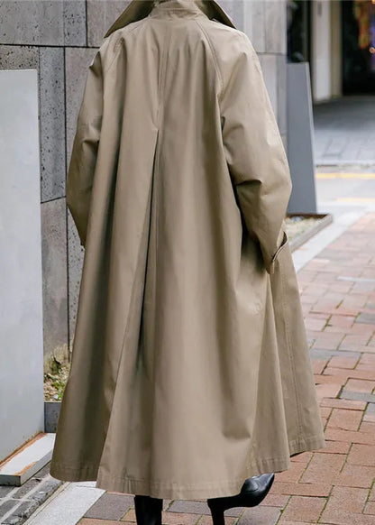 Khaki Peter Pan Collar Tie Waist Button Pockets Cotton Trench Coats Long Sleeve Fall