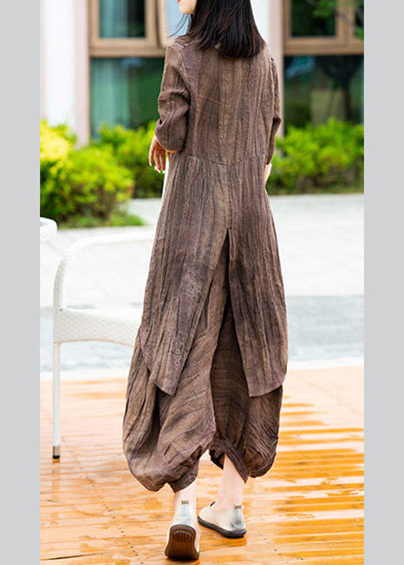 Chocolate O-neck Asymmetrical Linen Top and Lantern Pants Two Pieces Set Summer