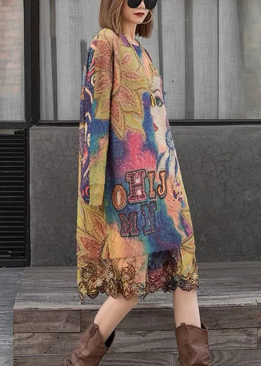 Butterfly Lace Patchwork Mink Velour Dress O Neck Long Sleeve