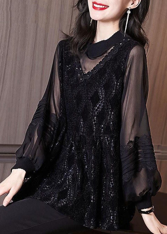 Black Embroideried Hollow Out Patchwork Lace Top Lantern Sleeve