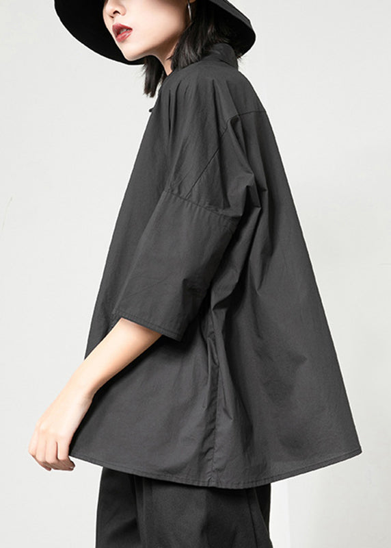 Black Peter Pan Collar Asymmetrical Patchwork Button Pockets Shirt Long Sleeve