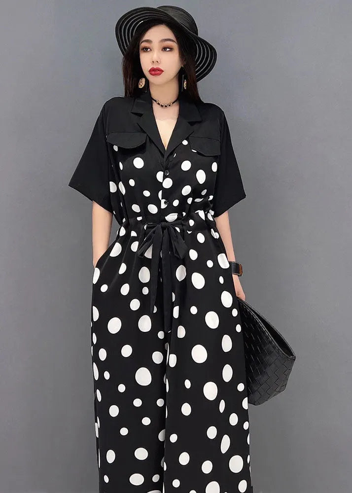 Black Peter Pan Collar Dot Print Draping Chiffon Jumpsuits Short Sleeve