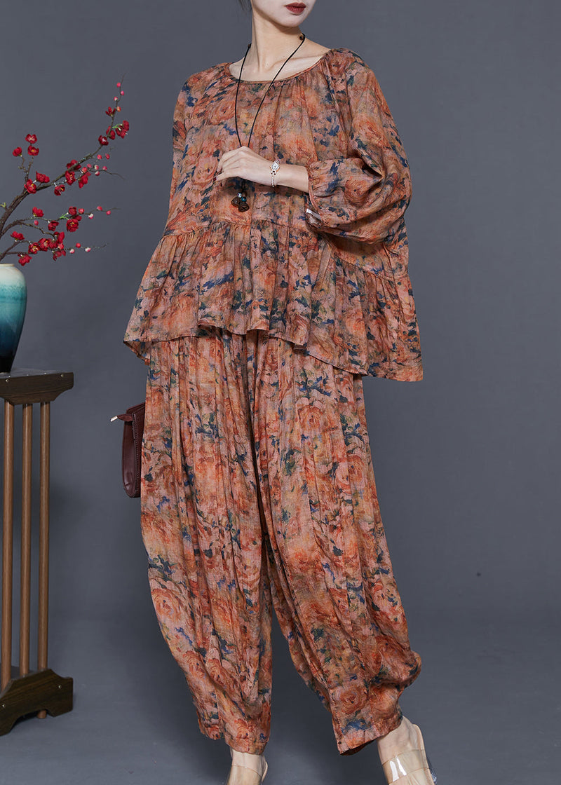 Handmade Coffee Oversized Print Linen Two-piece Set Spring