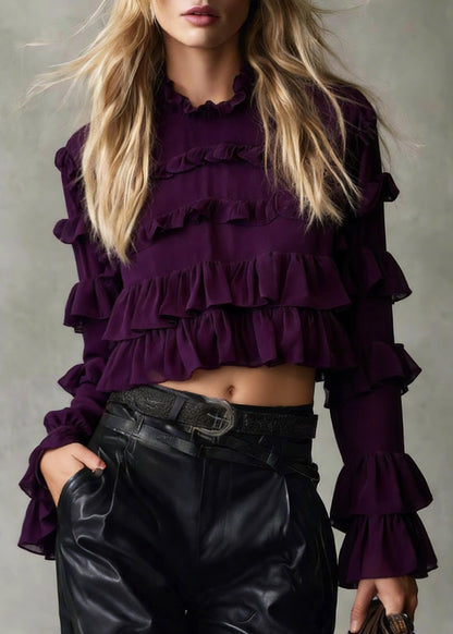 Purple Ruffled Patchwork Chiffon Blouse Tops Spring
