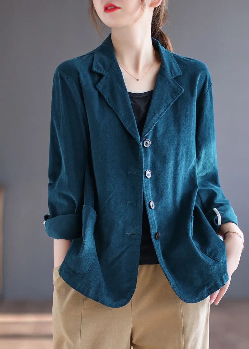 Blue Peterpan Collar Pockets Button Patchwork Fall Corduroy Coat