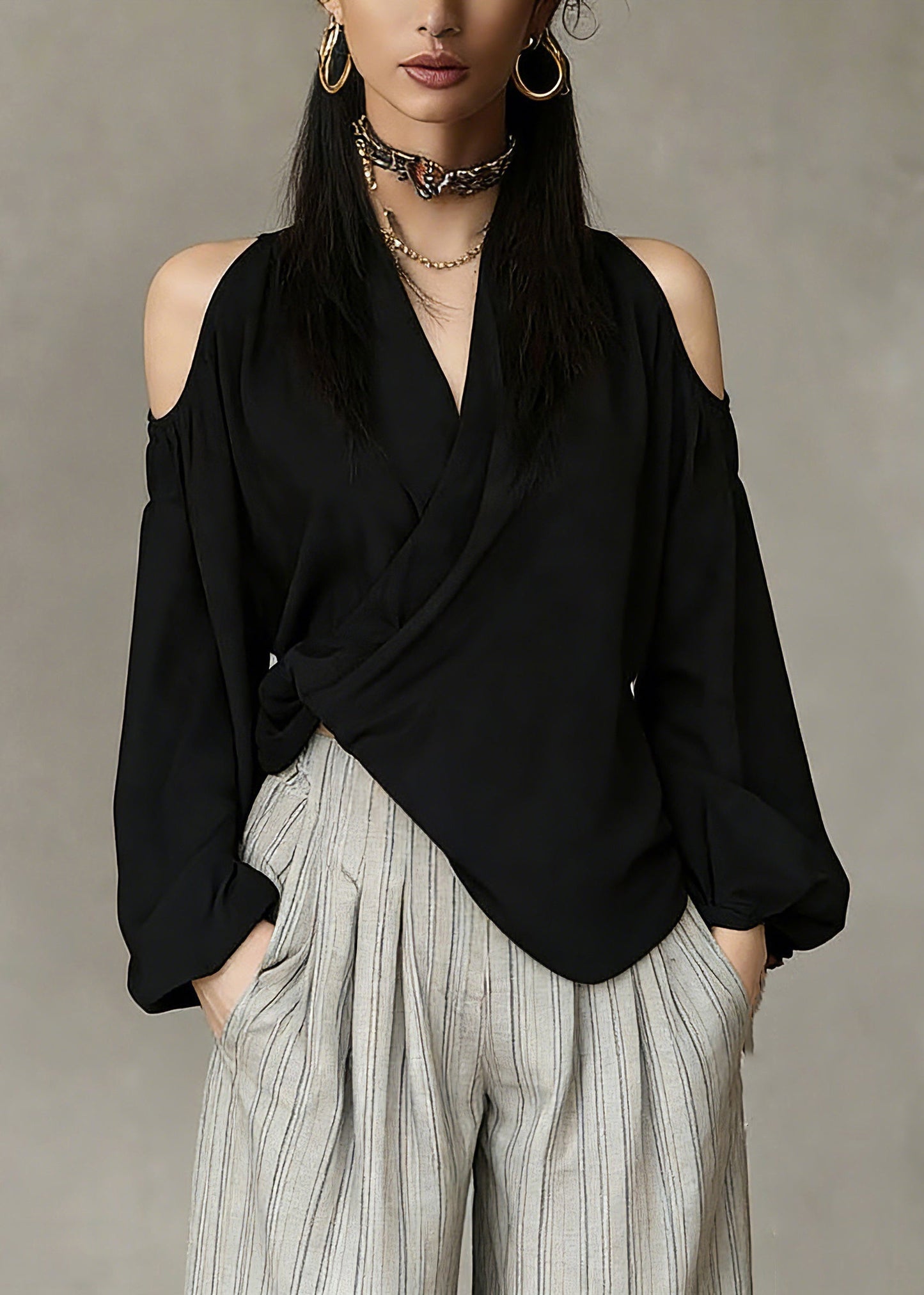 Black V Neck Cold Shoulder Top Spring