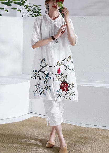 Organic White Button Print Summer Ramie Loose Coat Half Sleeve