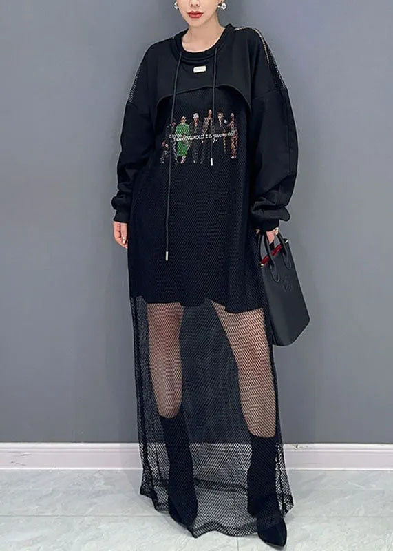 Style Black O-neck Print Tulle Patchwork Fake Two Pieces Long Dresses Fall