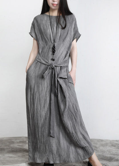 Grey O-neck Pockets Wrinkled Tie Waist Linen Long Dresses Short Sleeve