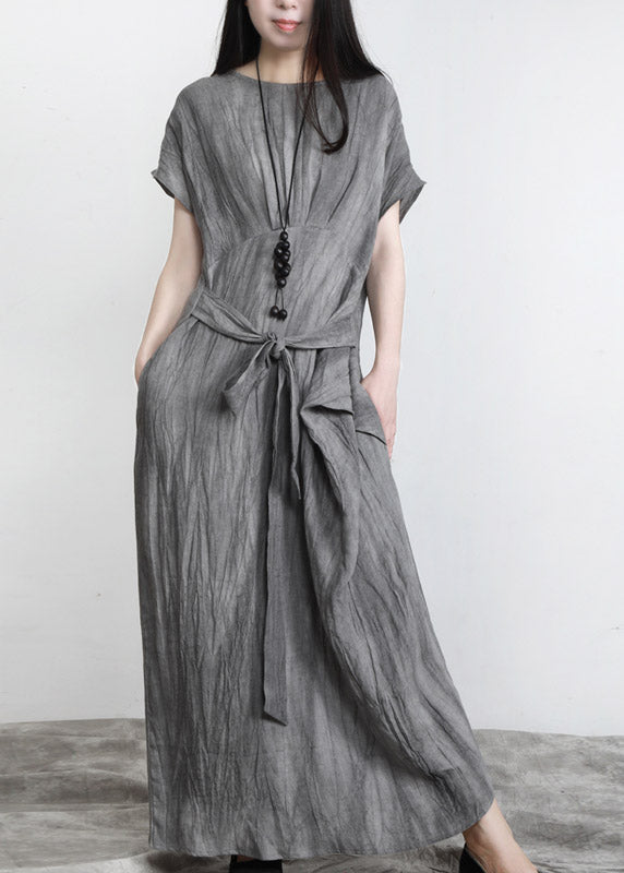 Grey O-neck Pockets Wrinkled Tie Waist Linen Long Dresses Short Sleeve