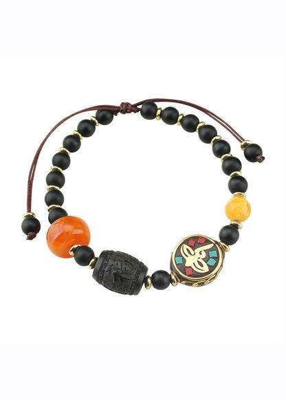 Black Coloured Glaze Pearl Beeswax Sandalwood Clover Charm Bracelet