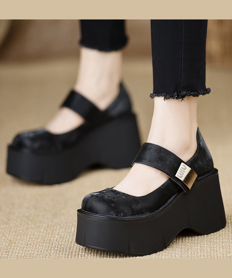 Handmade Buckle Strap Splicing Wedge High Heels Black Silk