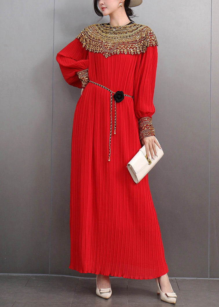 Red Patchwork Slim Party Long Dress Lantern Sleeve