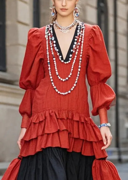 Red Ruffled Patchwork Cotton Vacation Dresses Lantern Sleeve