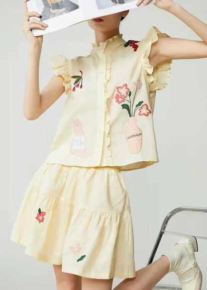 Yellow Embroidered Top and Skirts Two Pieces Set Sleeveless