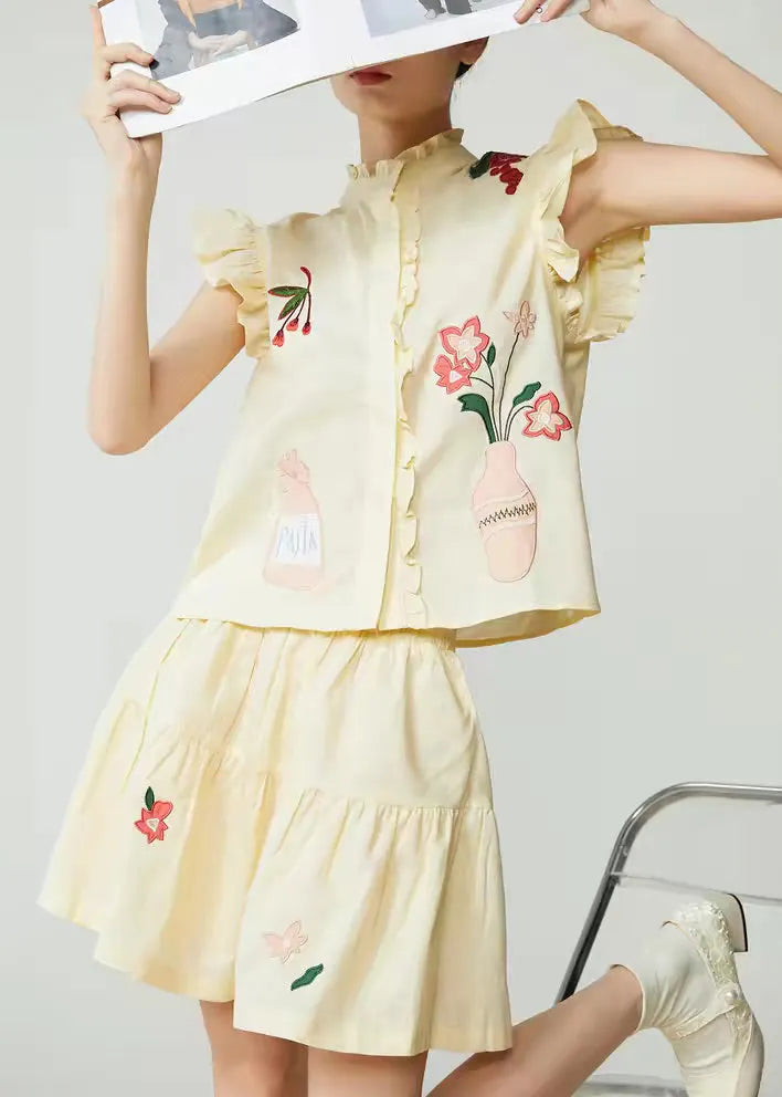 Yellow Embroidered Top and Skirts Two Pieces Set Sleeveless