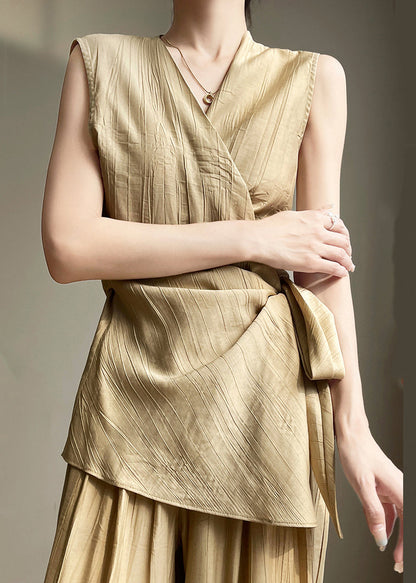 Khaki Lace Up Cotton Sleeveless Shirts V Neck