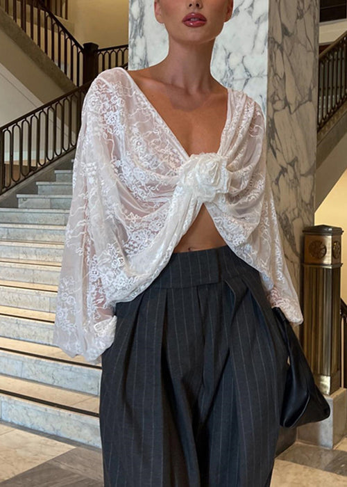 White V Neck Lace Top Spring