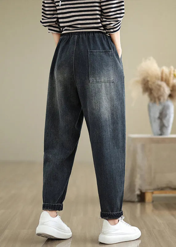 Navy Pockets Applique Elastic Waist Denim Pants Fall