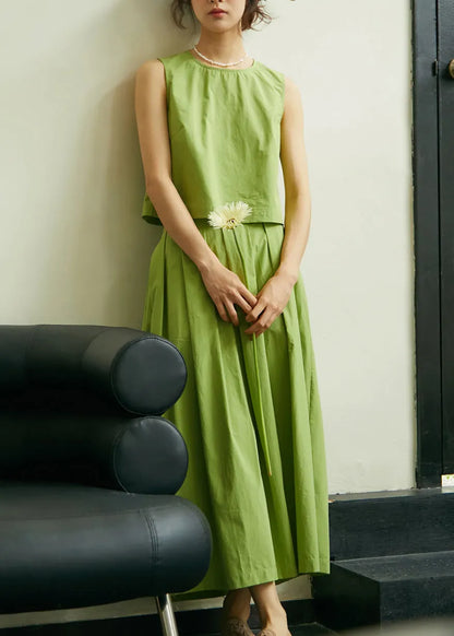 Art Green O-neck Cotton Top and Pleated Skirt Two Pieces Set Sleeveless