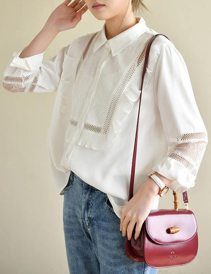 Handmade Patchwork White Long Sleeve Top Ruffles