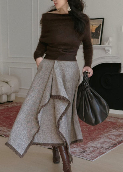 Asymmetrical Knitted Cotton Sweaters and Maxi Skirts Two Pieces Set Winter