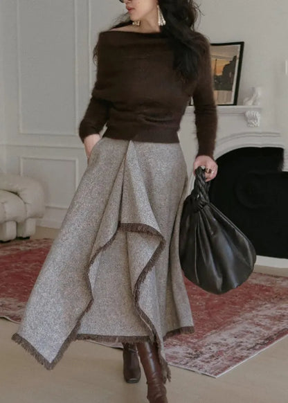 Asymmetrical Knitted Cotton Sweaters and Maxi Skirts Two Pieces Set Winter