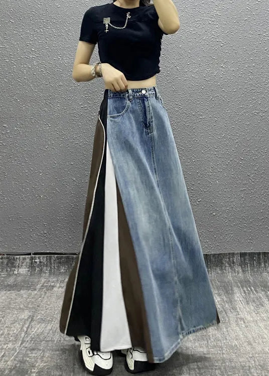 Boutique Blue Pockets Striped Patchwork Denim a Line Skirts Fall