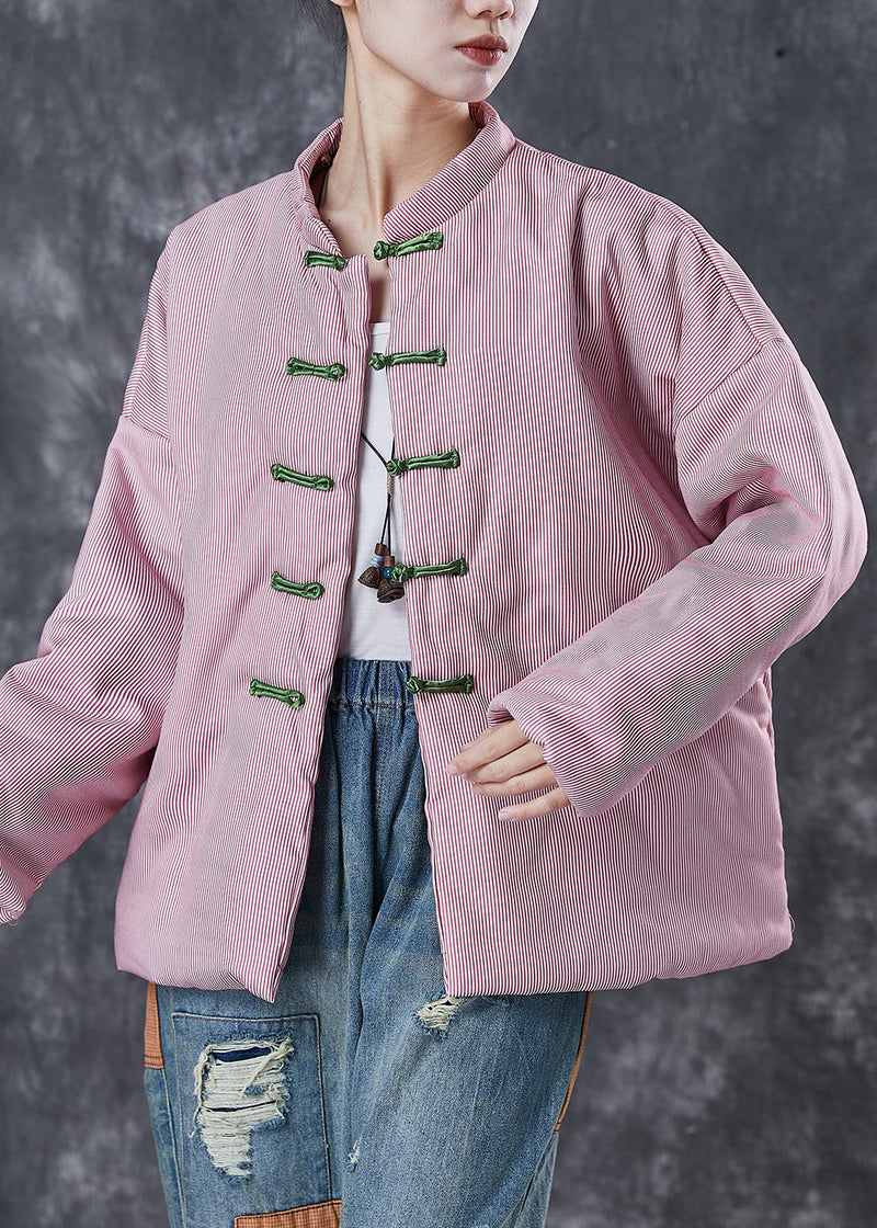 Pink Oversized Striped Fine Cotton Filled Coat Winter
