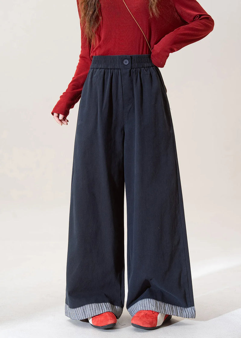 Stylish Blue Elastic Waist Patchwork Denim Wide Leg Pants Spring