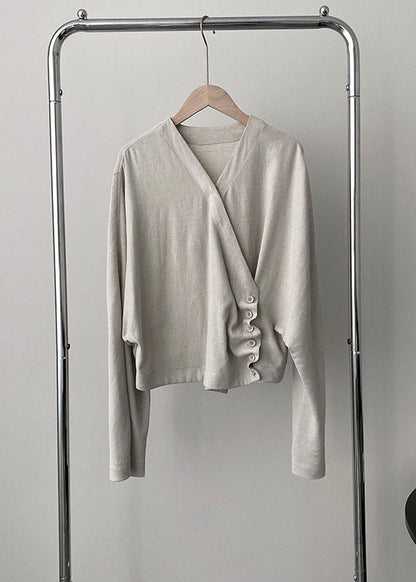 Apricot V Neck Asymmetrical Cozy Cotton Top Long Sleeve Spring