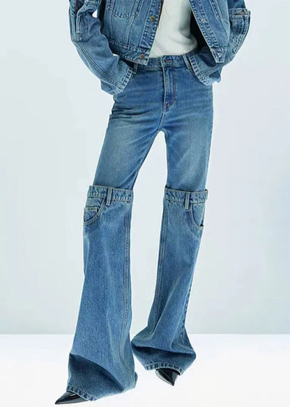 Blue High Waist Patchwork Flared Jeans Spring
