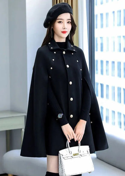Black Rivet Button Thick Woolen Cape Coat Sleeveless