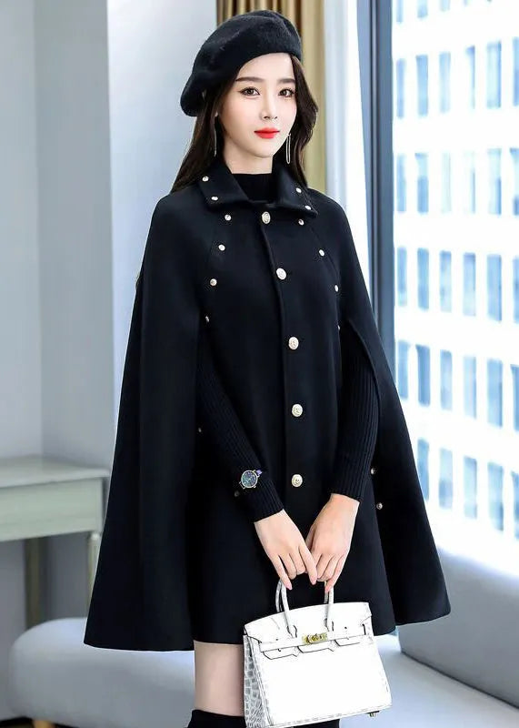 Black Rivet Button Thick Woolen Cape Coat Sleeveless