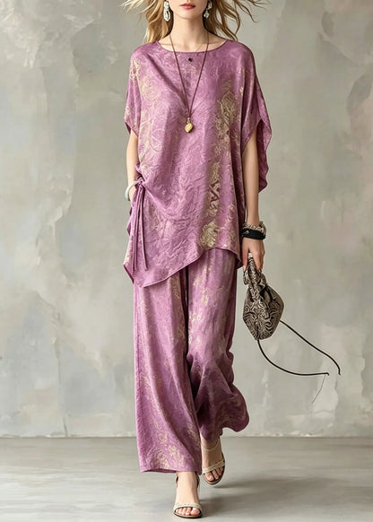 Light Purple Asymmetrical Tie Waist Silk T Shirts and Wide Leg Pants Two Pieces Set Short Sleeve