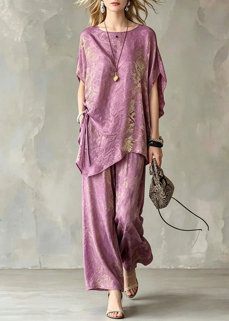 Light Purple Asymmetrical Tie Waist Silk T Shirts and Wide Leg Pants Two Pieces Set Short Sleeve