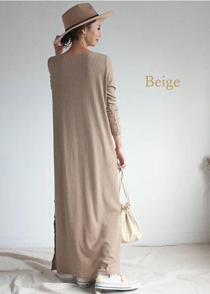 Art Beige O-neck Oversized Side Open Knit Ankle Dress Spring