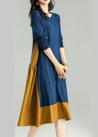 Colorblock O Neck Patchwor Kwrinkled Knit Dress Spring