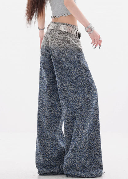 Gradient Color Leopard High Waist Denim Wide Leg Pants Fall