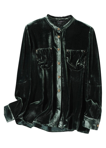 Blackish Green Stand Collar Button Silk Velour Shirt Long Sleeve