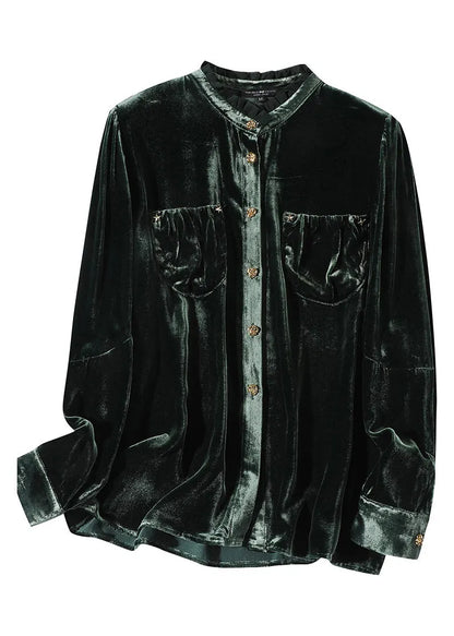 Blackish Green Stand Collar Button Silk Velour Shirt Long Sleeve
