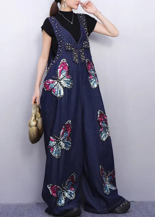 Urban Style Blue Denim Jumpsuit Sparkling Butterfly Patches