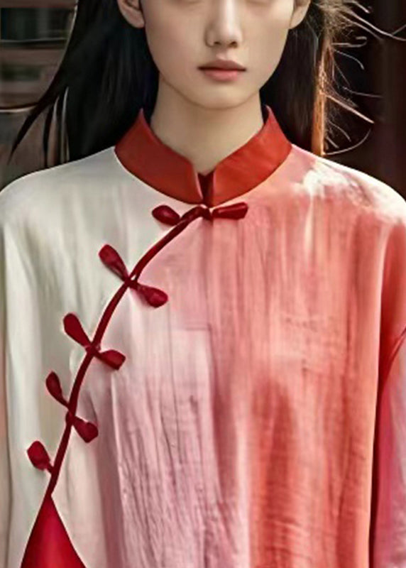 Red Asymmetrical Patchwork Chinese Button Linen Shirts Summer
