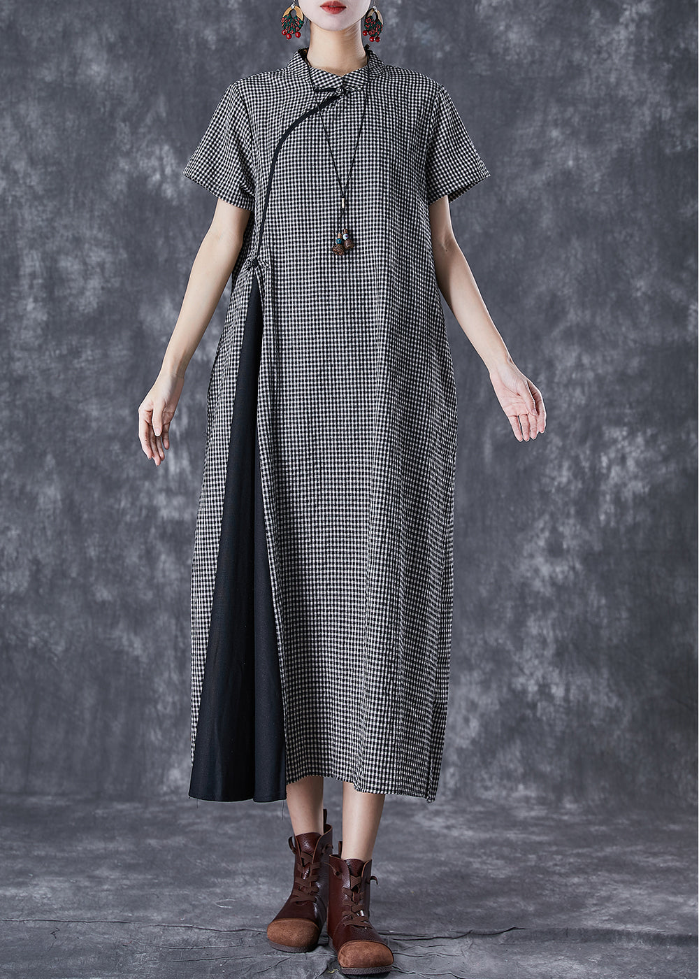 Black Plaid Patchwork Linen Cheongsam Dresses Summer